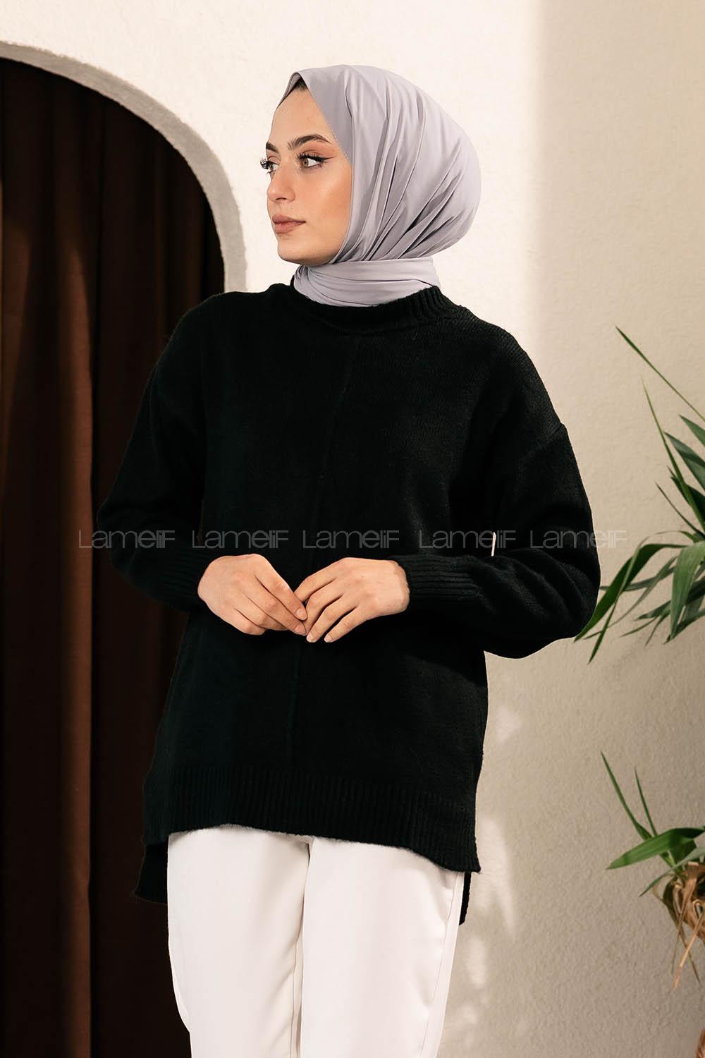 Modalamelif Yanı Yırtmaçlı Oversize Kazak Siyah