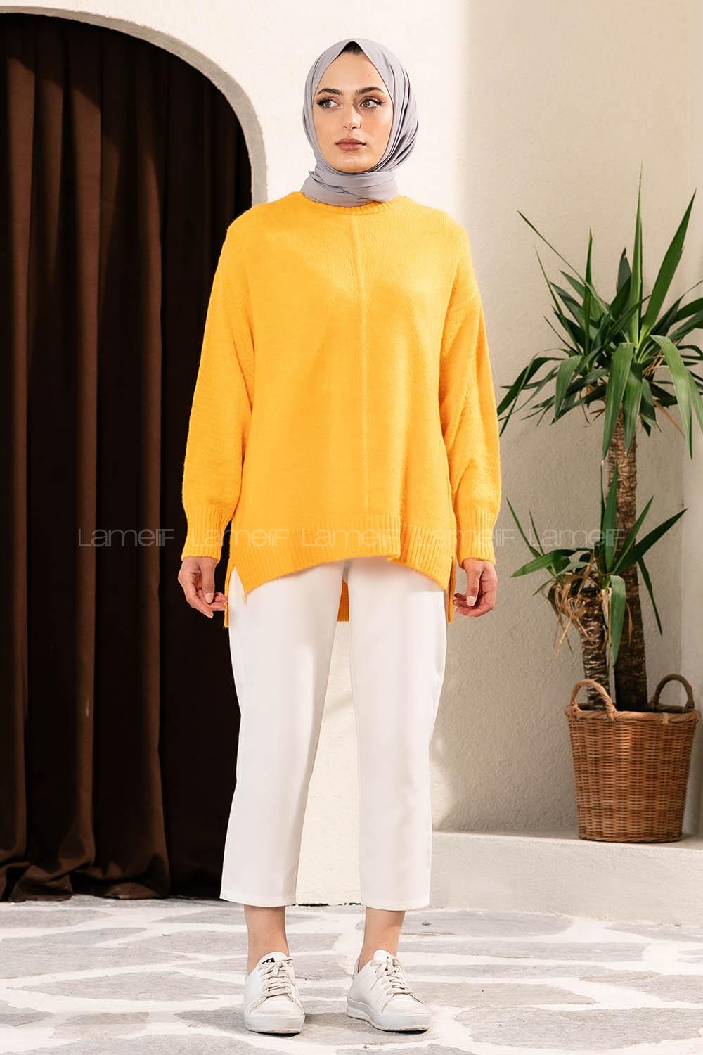 Modalamelif Yanı Yırtmaçlı Oversize Kazak Turuncu