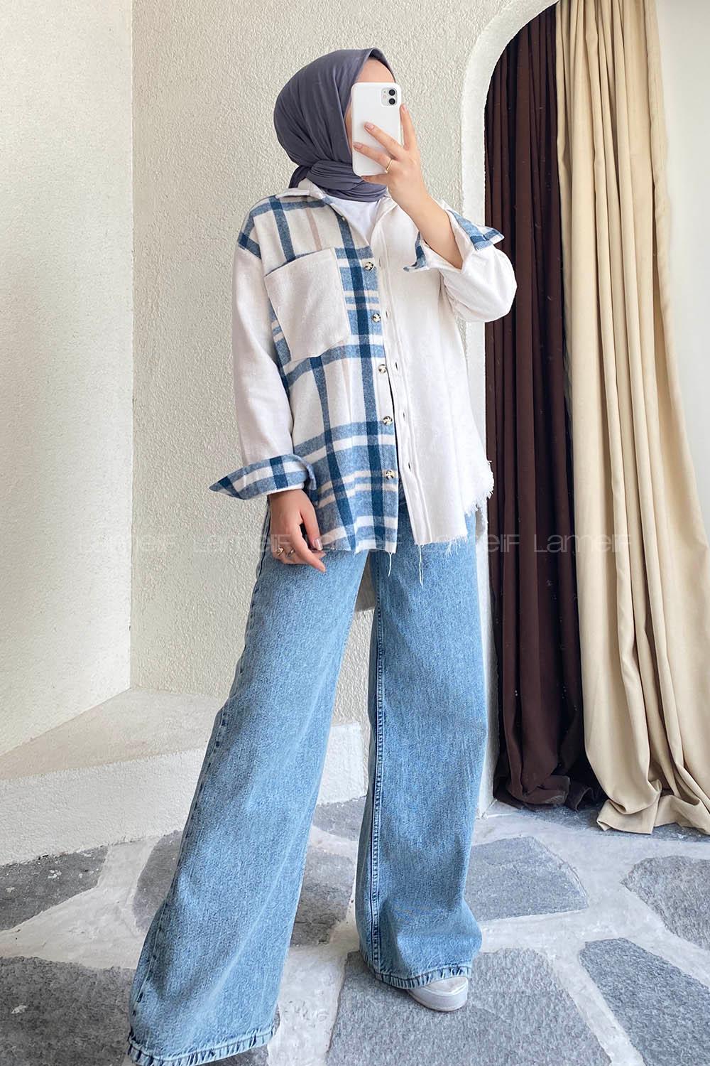 Modalamelif Asimetrik Kesim Ekose Garnili Tek Cep Gömlek  Ekru-Mavi