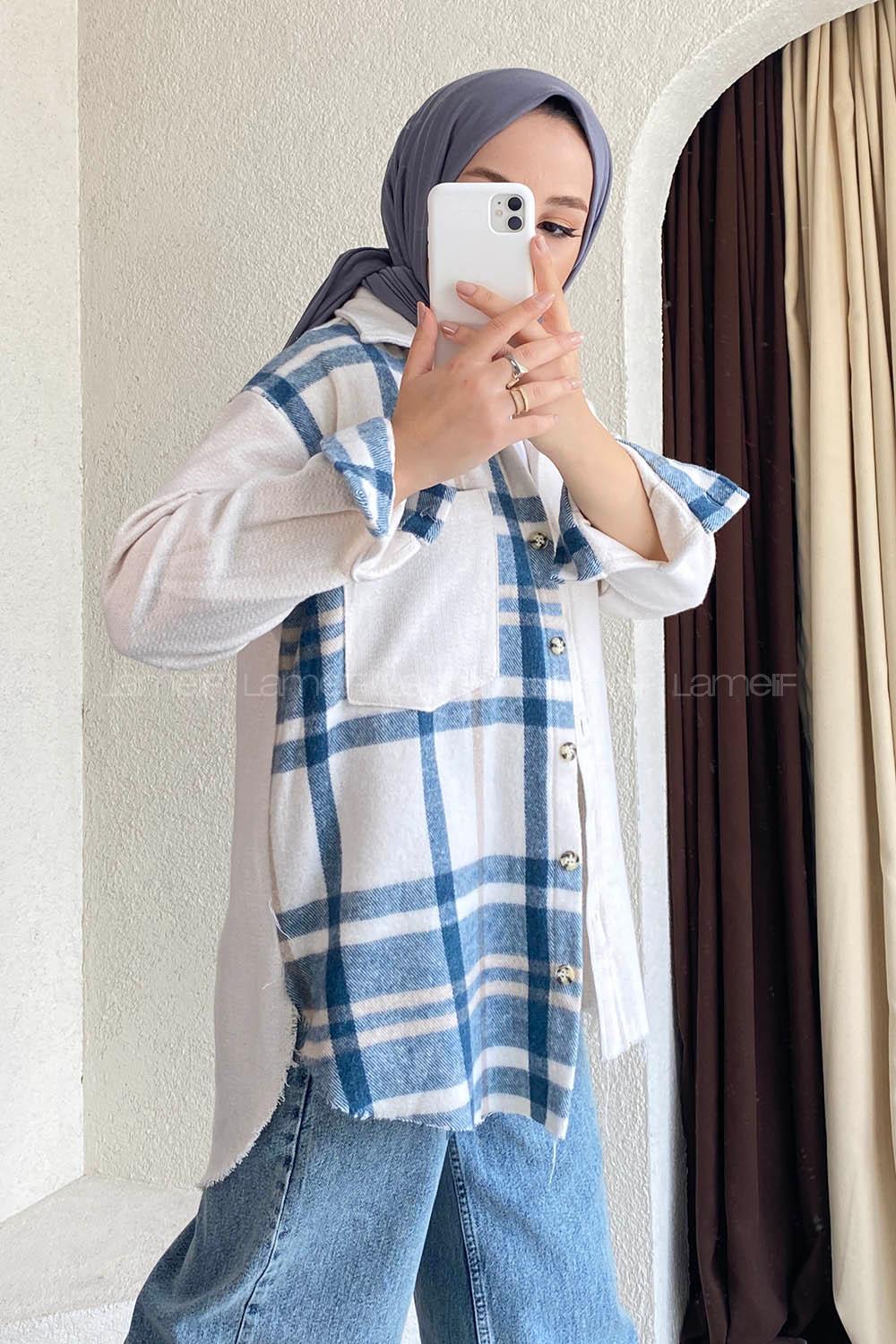 Modalamelif Asimetrik Kesim Ekose Garnili Tek Cep Gömlek  Ekru-Mavi