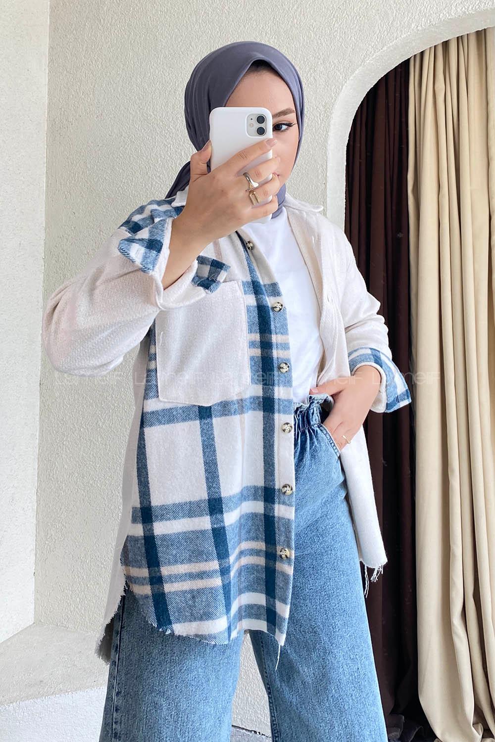 Modalamelif Asimetrik Kesim Ekose Garnili Tek Cep Gömlek  Ekru-Mavi