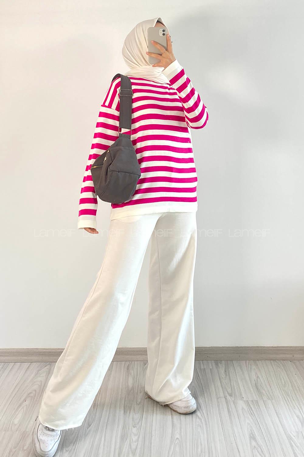 Modalamelif Bisiklet Yaka Çizgili Kazak Fuşya