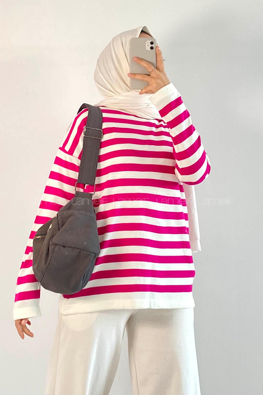 Modalamelif Bisiklet Yaka Çizgili Kazak Fuşya