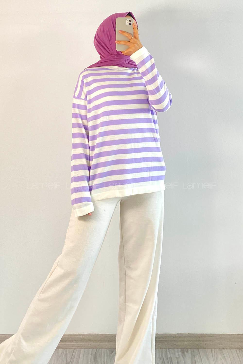 Modalamelif Bisiklet Yaka Çizgili Kazak Lila
