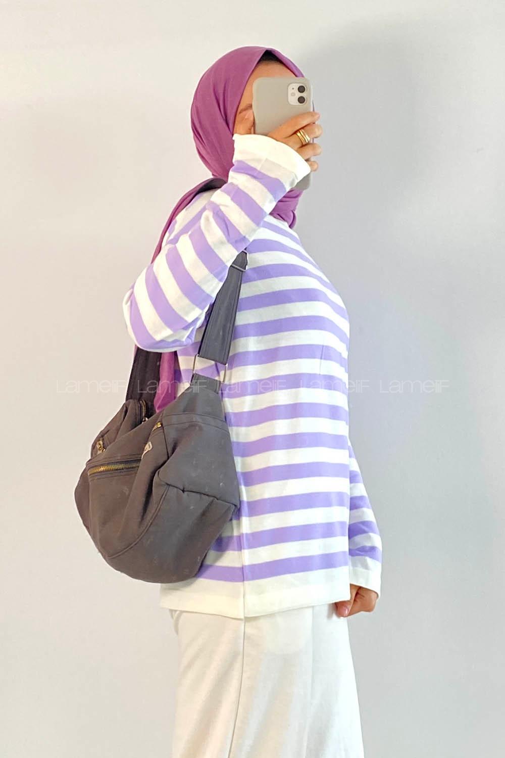 Modalamelif Bisiklet Yaka Çizgili Kazak Lila