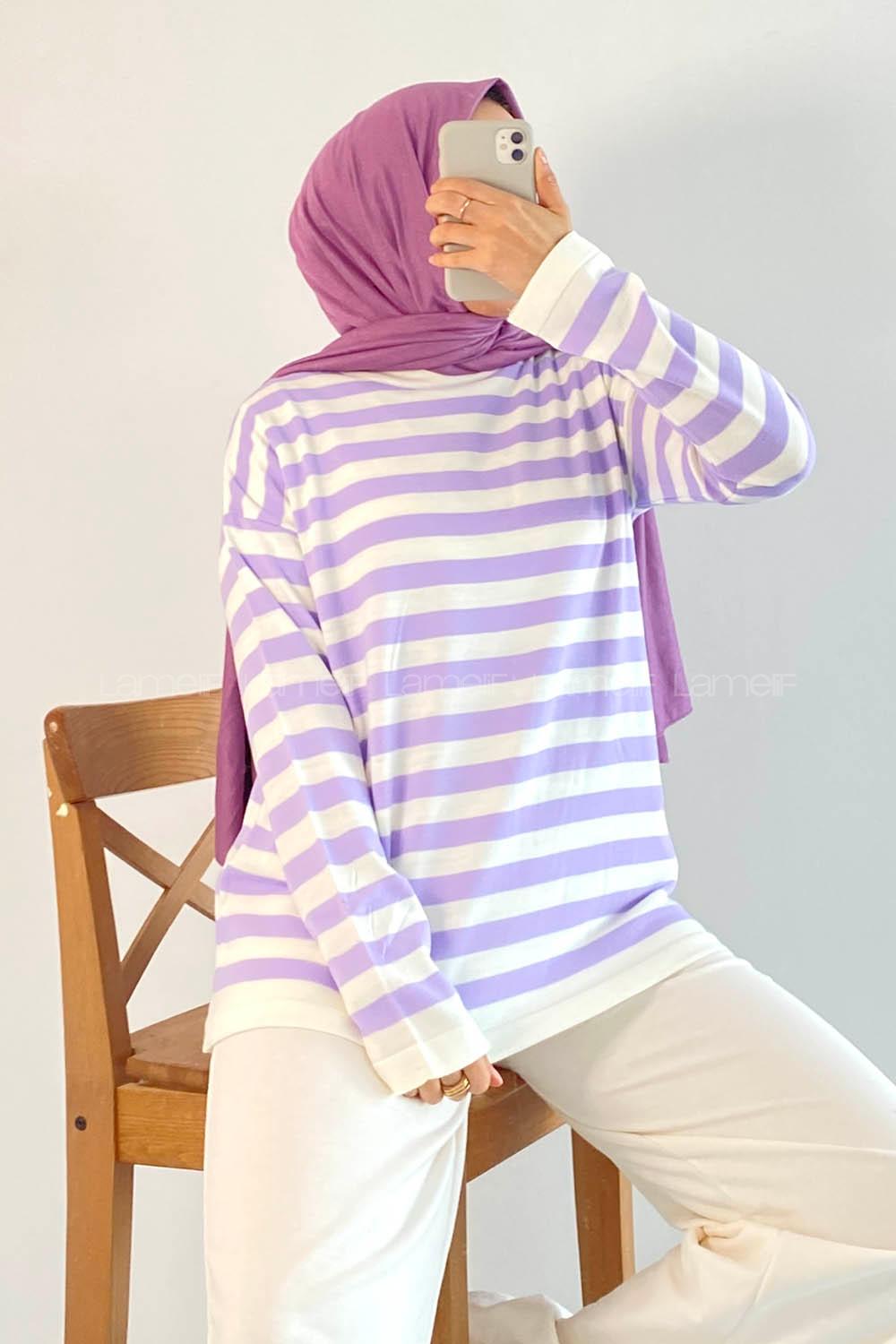 Modalamelif Bisiklet Yaka Çizgili Kazak Lila