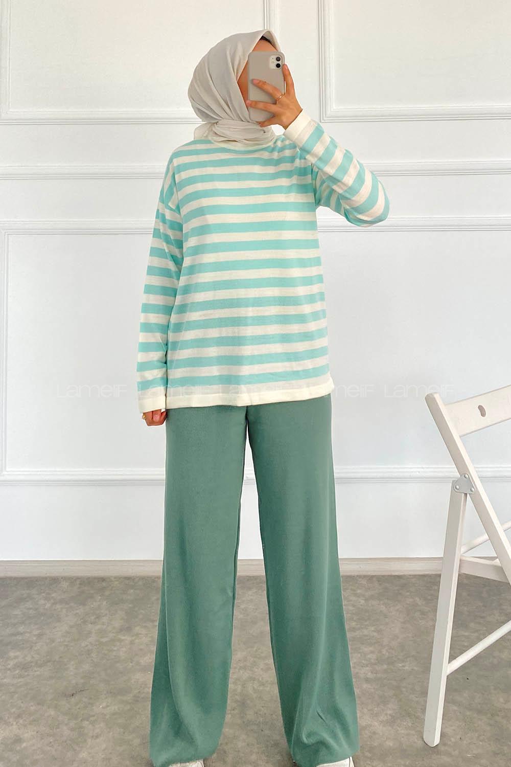 Modalamelif Bisiklet Yaka Çizgili Kazak Mint Yeşili