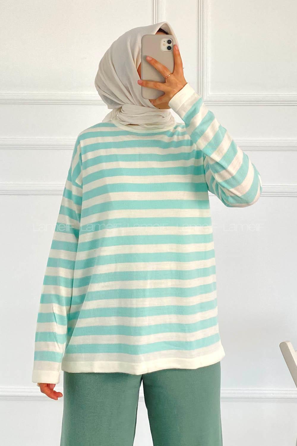 Modalamelif Bisiklet Yaka Çizgili Kazak Mint Yeşili