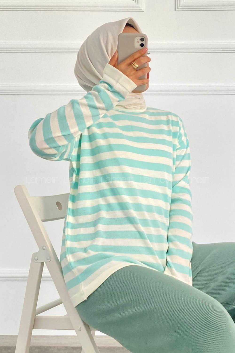 Modalamelif Bisiklet Yaka Çizgili Kazak Mint Yeşili