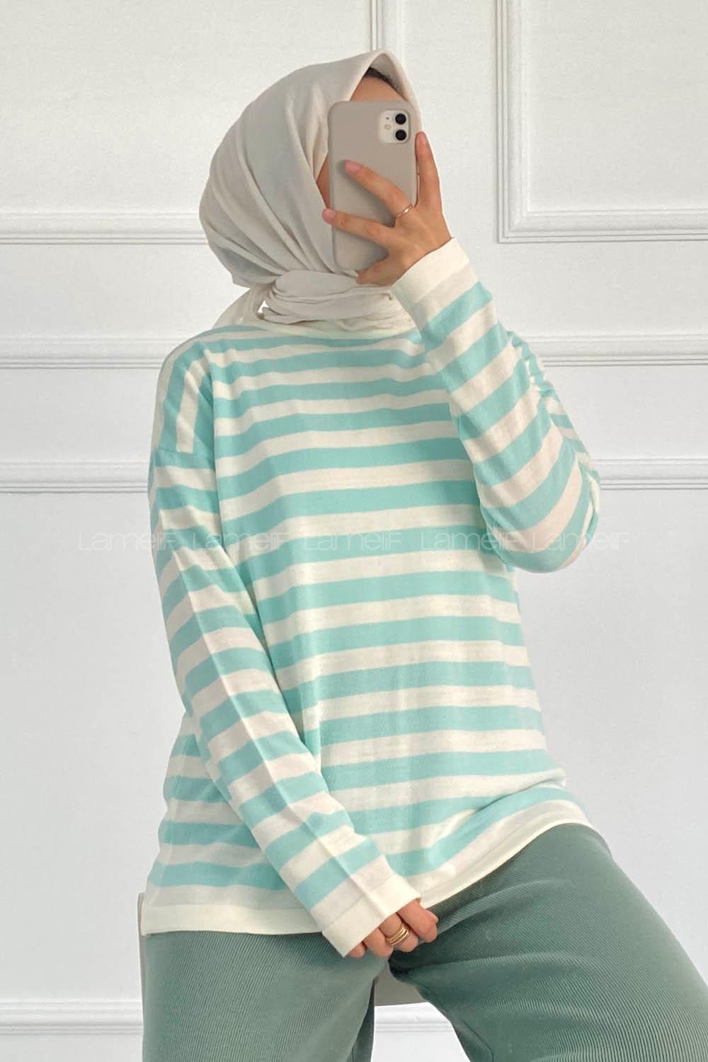 Modalamelif Bisiklet Yaka Çizgili Kazak Mint Yeşili