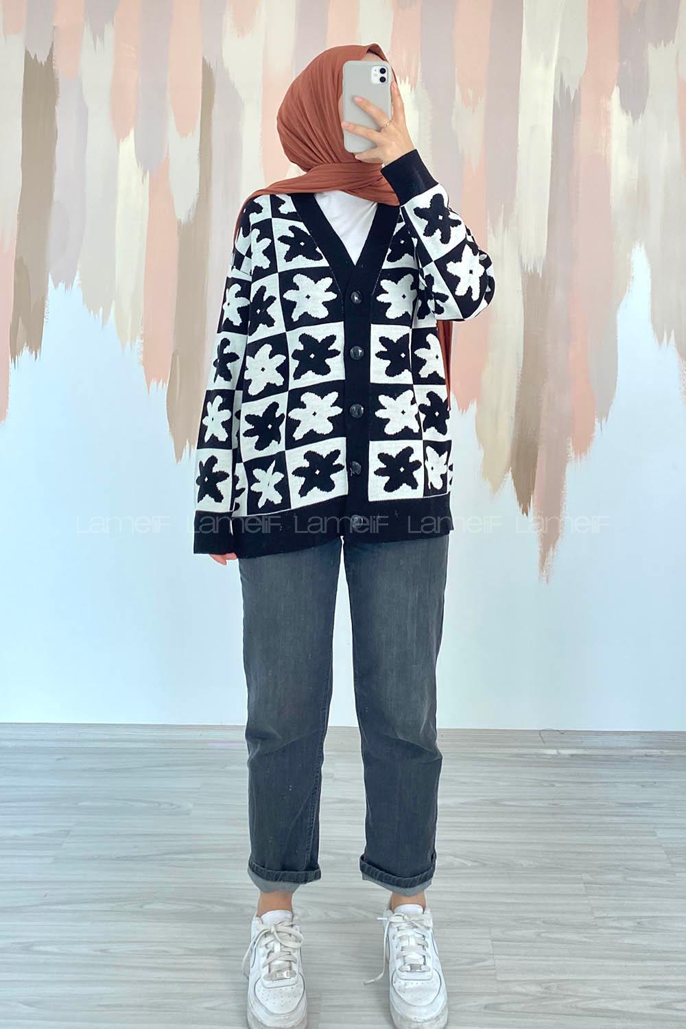 Modalamelif Çiçek Desenli Düğmeli Hırka Siyah