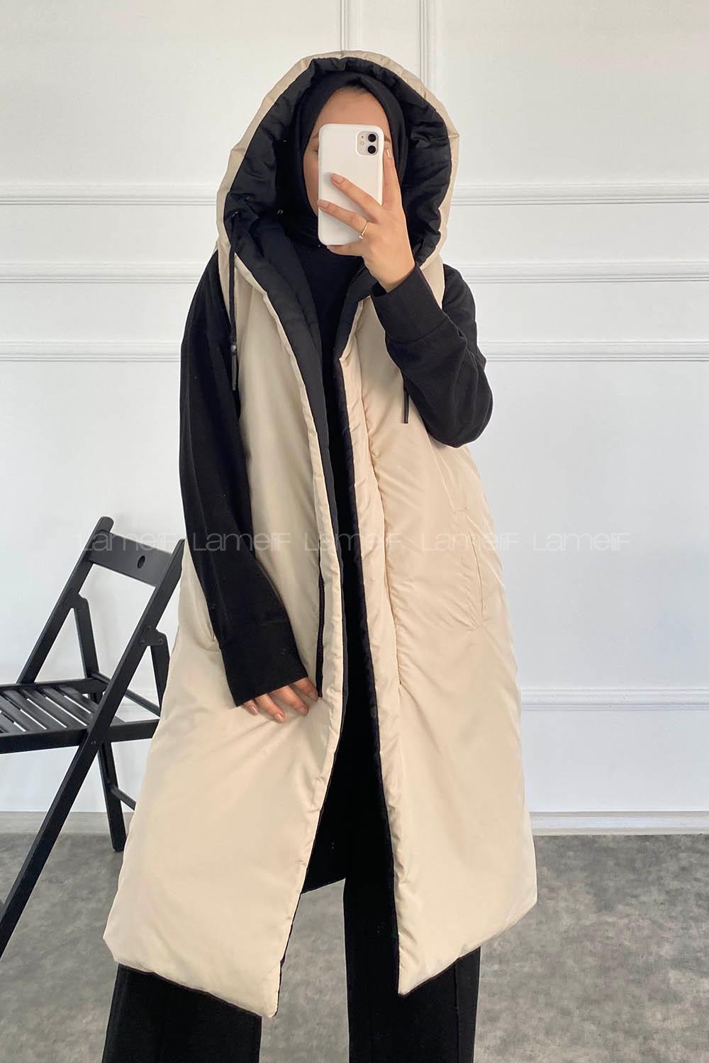 Modalamelif Çift Taraflı Gizli Fermuarlı Kapüşonlu Şişme Yelek Bej