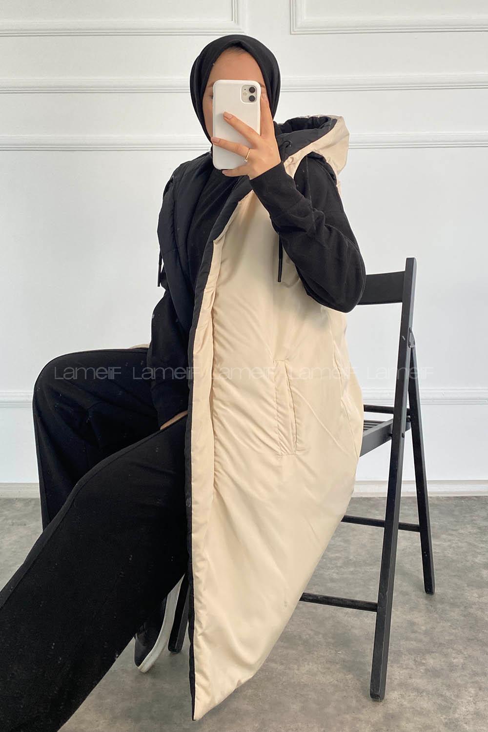 Modalamelif Çift Taraflı Gizli Fermuarlı Kapüşonlu Şişme Yelek Bej