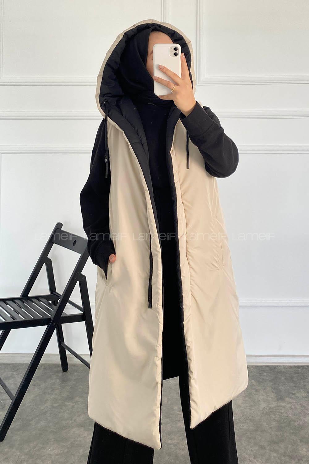 Modalamelif Çift Taraflı Gizli Fermuarlı Kapüşonlu Şişme Yelek Bej