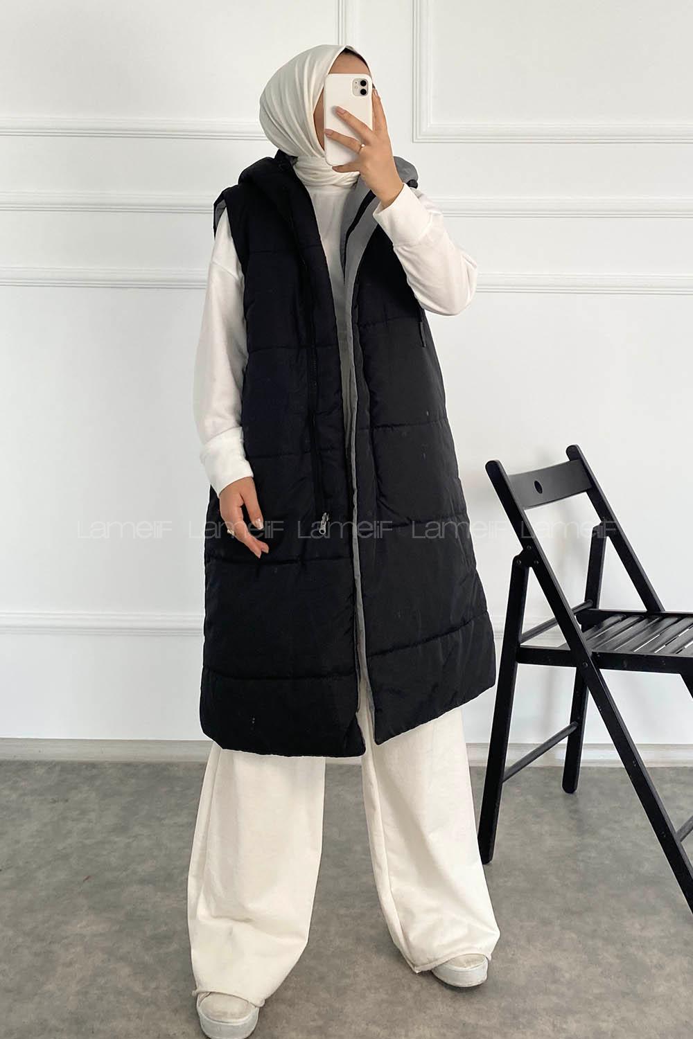 Modalamelif Çift Taraflı Gizli Fermuarlı Kapüşonlu Şişme Yelek Füme