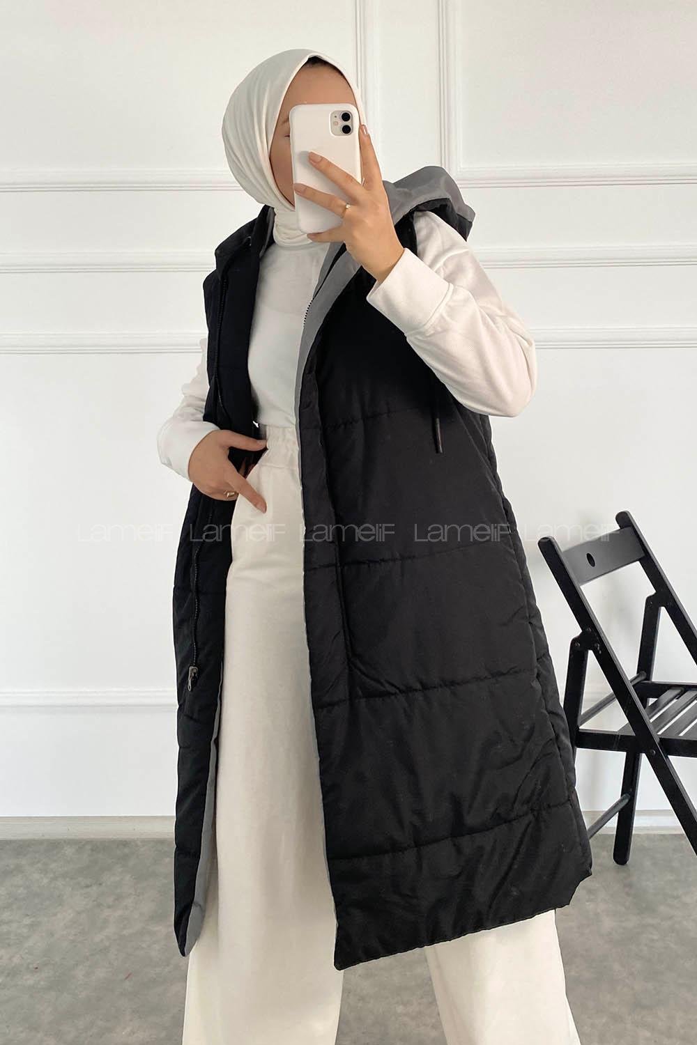 Modalamelif Çift Taraflı Gizli Fermuarlı Kapüşonlu Şişme Yelek Füme