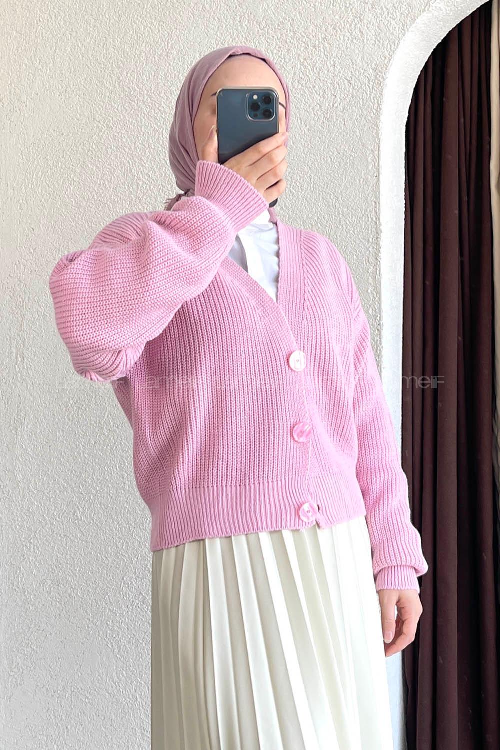 Modalamelif Düğmeli Selanik Hırka Pudra