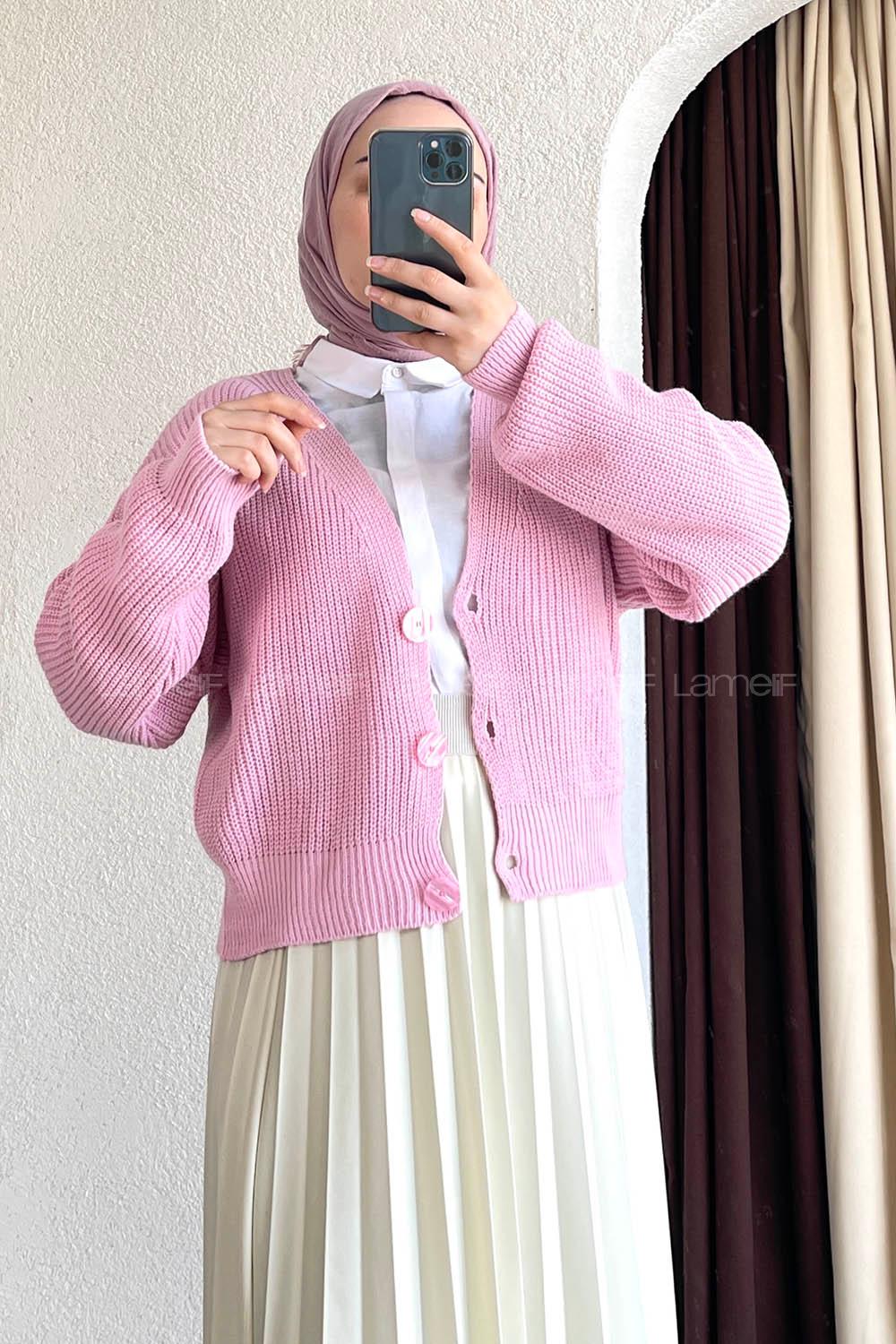 Modalamelif Düğmeli Selanik Hırka Pudra