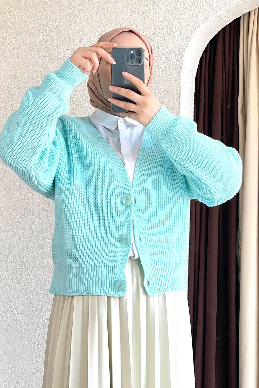 Modalamelif Düğmeli Selanik Hırka Su Yeşili