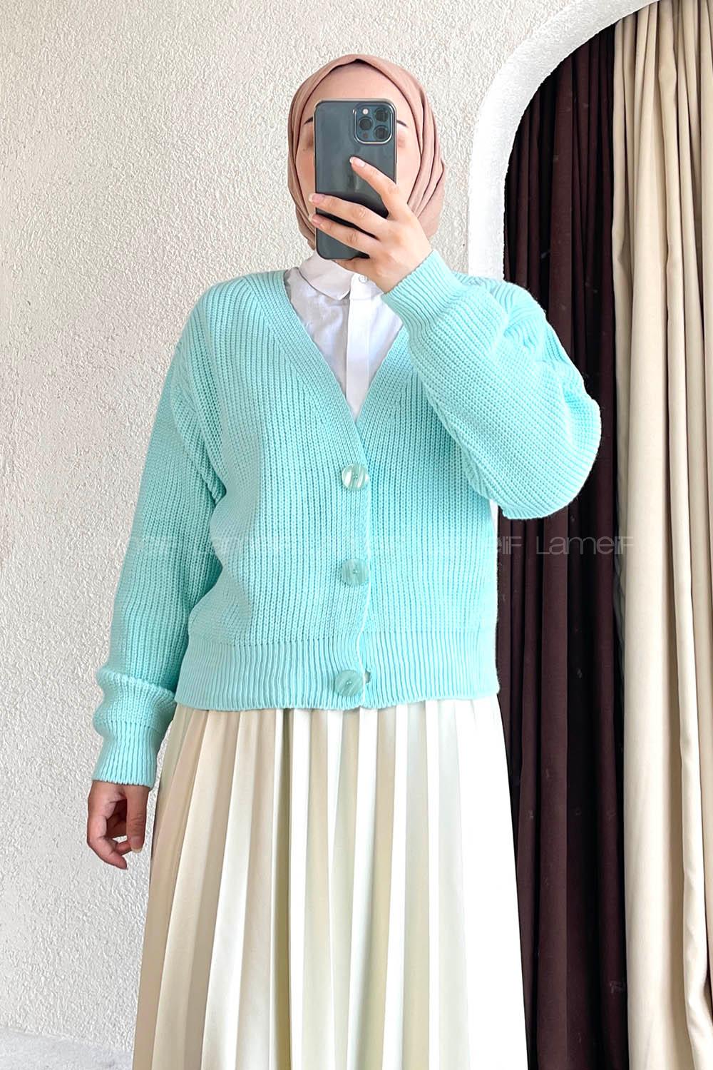 Modalamelif Düğmeli Selanik Hırka Su Yeşili