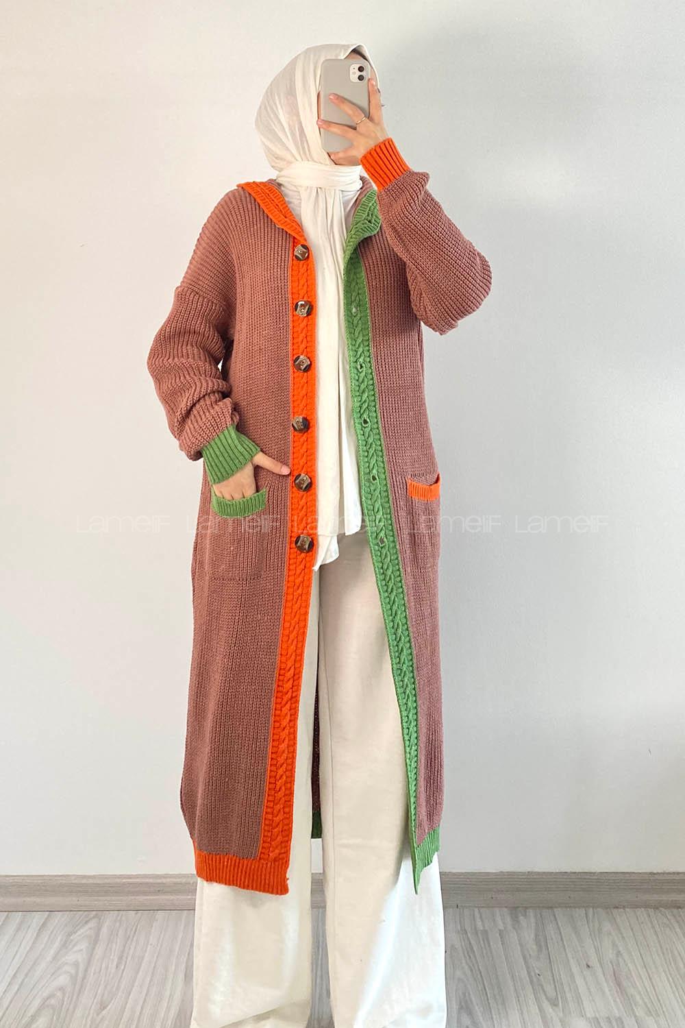 Modalamelif  Kapşonlu Garnili Salaş Hırka Gül