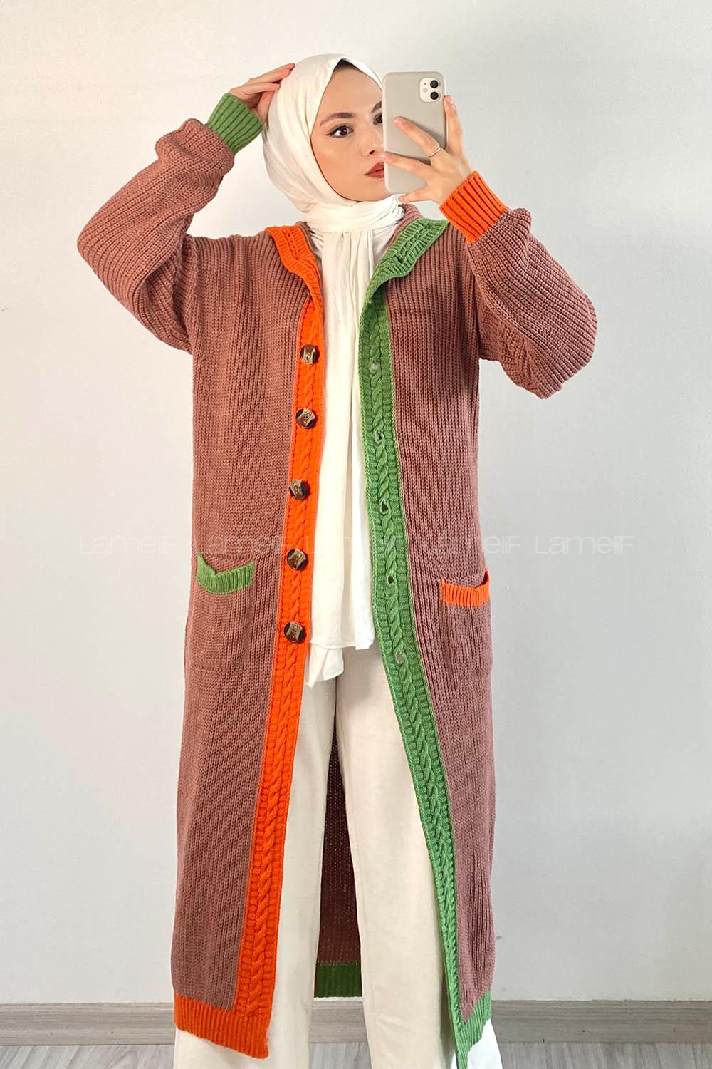 Modalamelif  Kapşonlu Garnili Salaş Hırka Gül