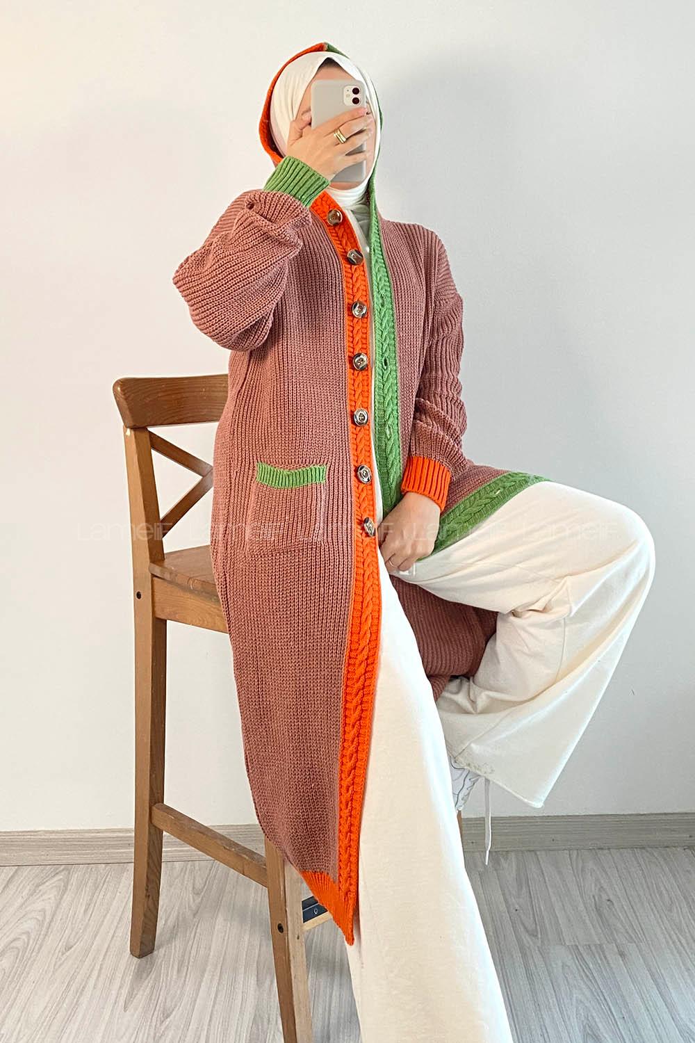 Modalamelif  Kapşonlu Garnili Salaş Hırka Gül