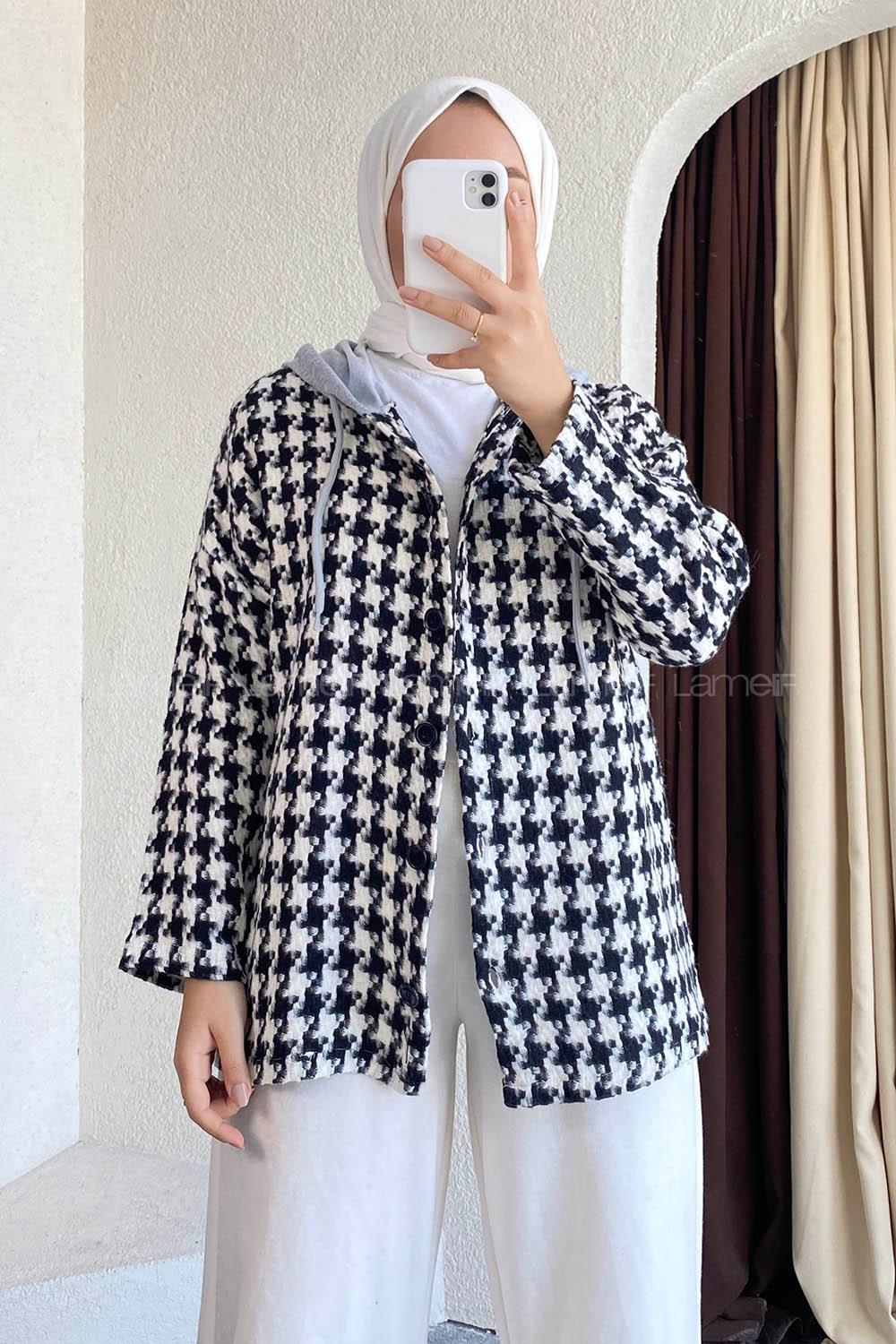 Modalamelif Kazayağı Desen Kapüşonlu Gömlek Siyah