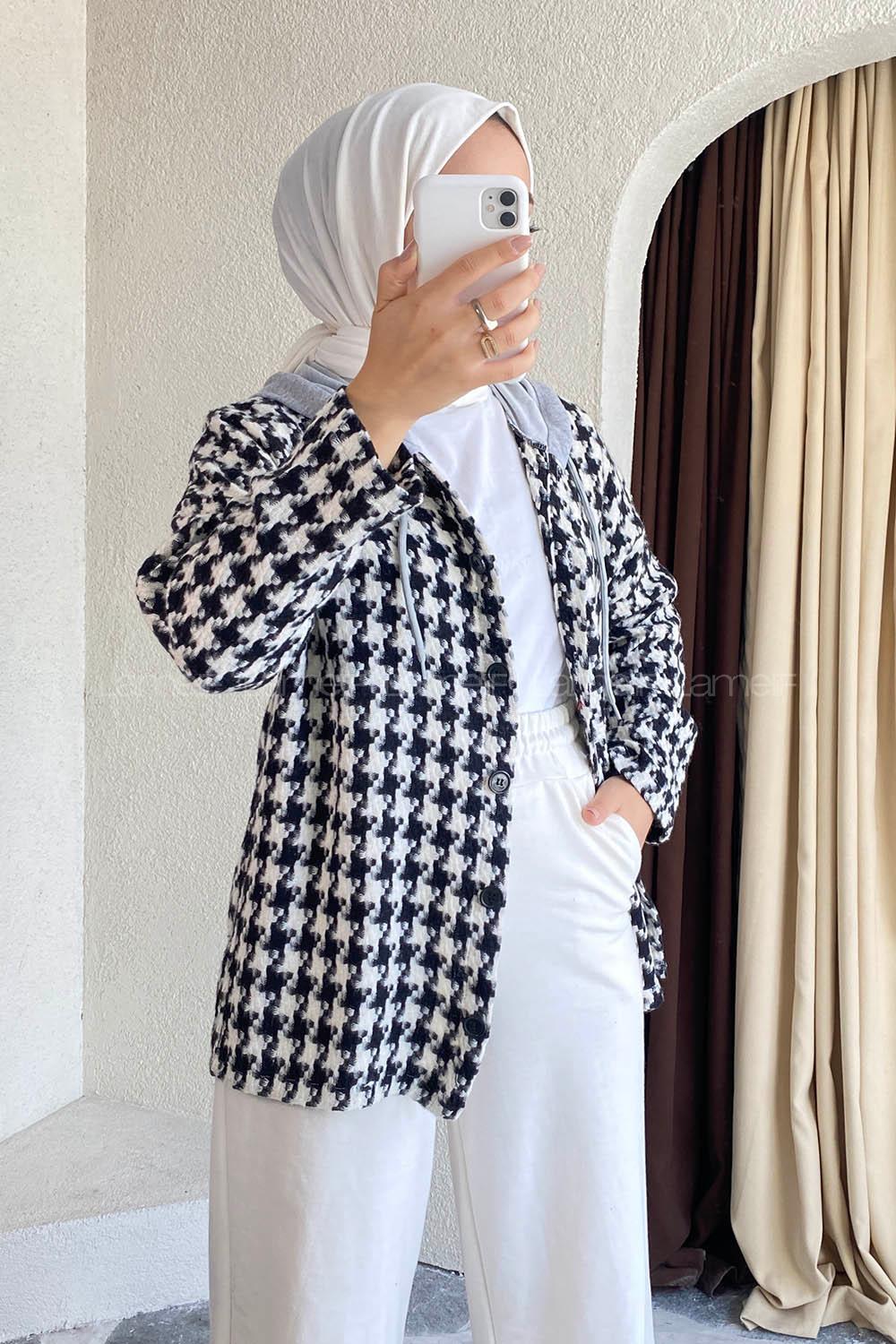 Modalamelif Kazayağı Desen Kapüşonlu Gömlek Siyah