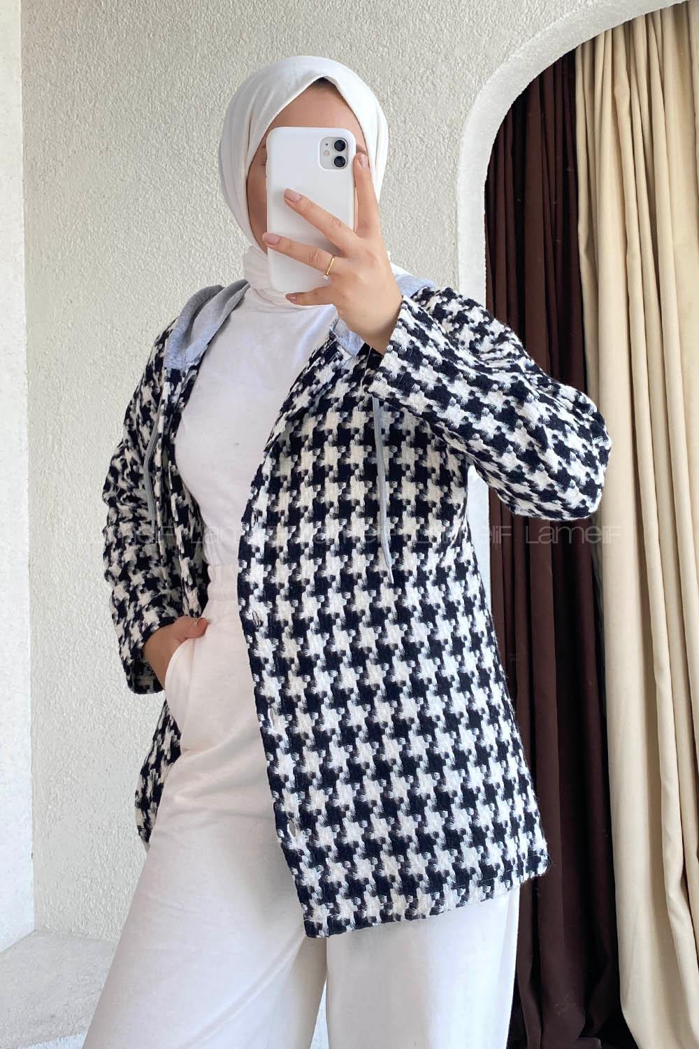 Modalamelif Kazayağı Desen Kapüşonlu Gömlek Siyah