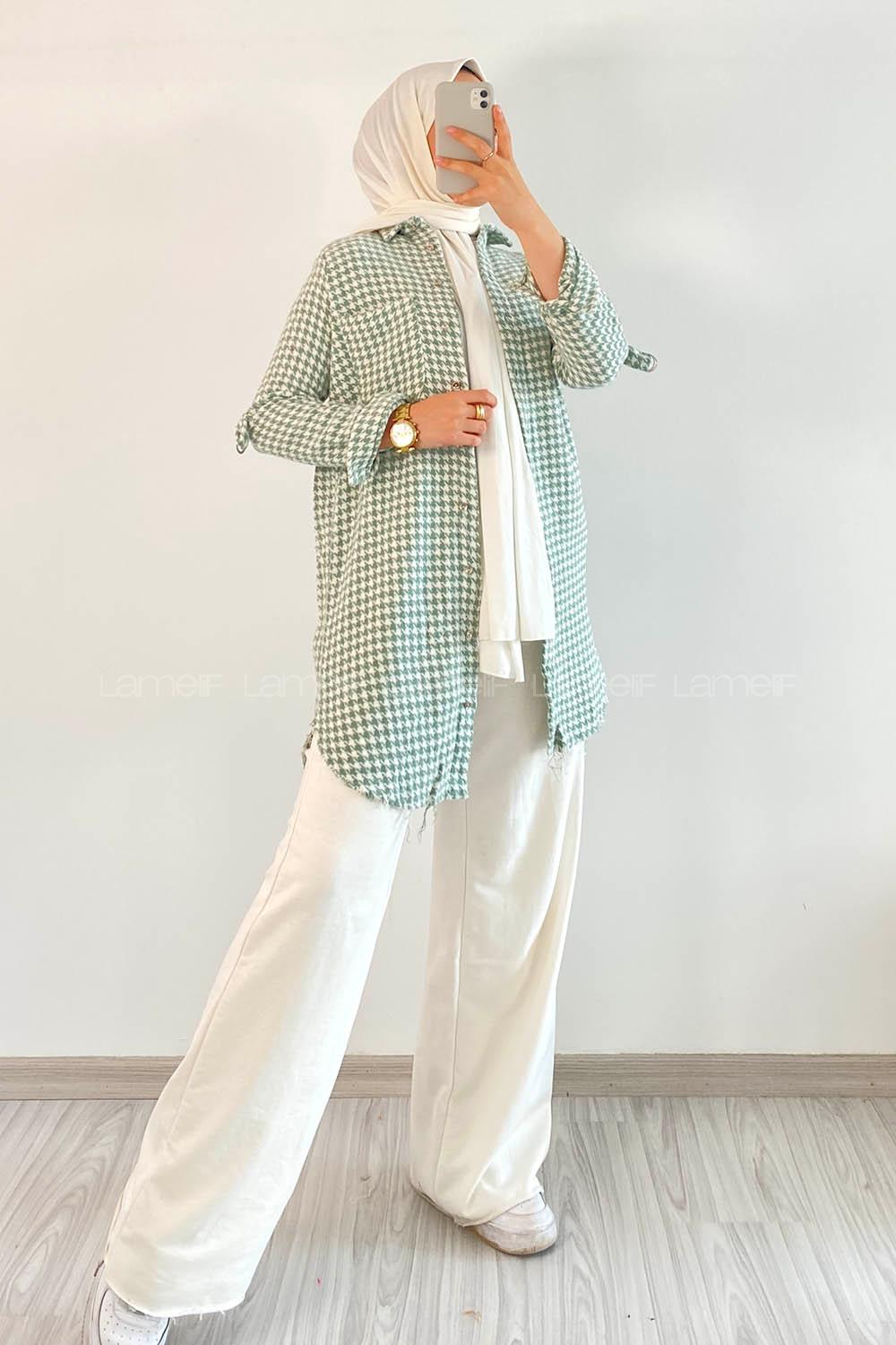 Modalamelif Kazayak Desenli Tek Cepli Uzun Püsküllü Gömlek Çağla Yeşili