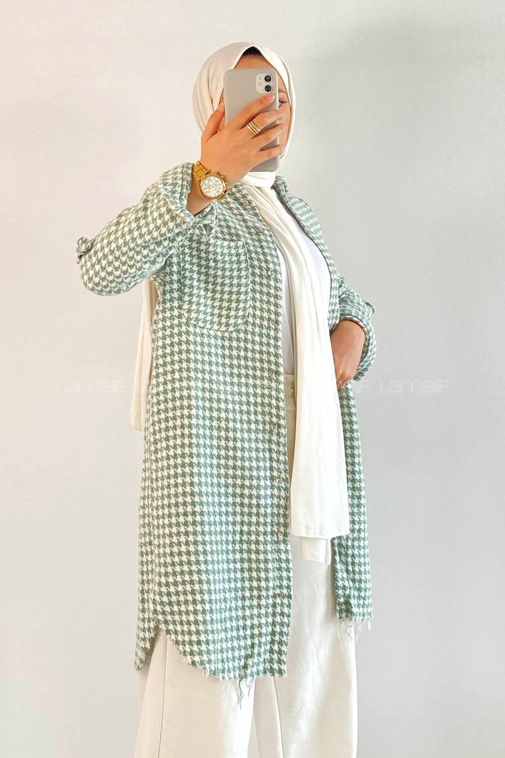 Modalamelif Kazayak Desenli Tek Cepli Uzun Püsküllü Gömlek Çağla Yeşili