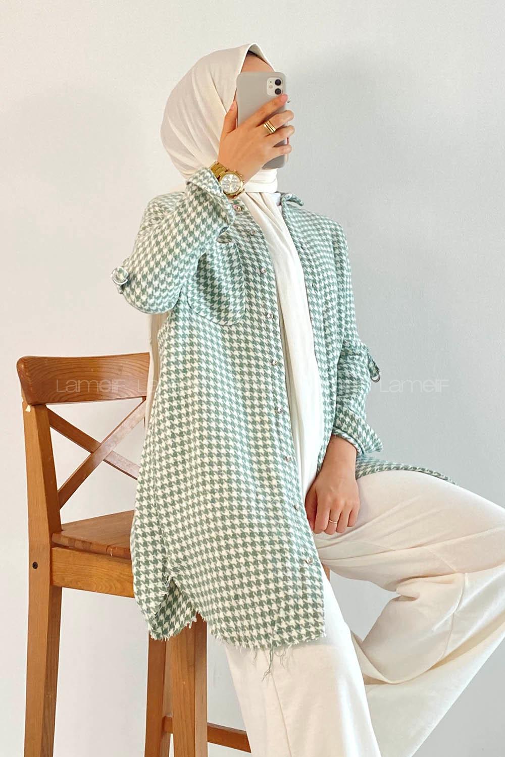 Modalamelif Kazayak Desenli Tek Cepli Uzun Püsküllü Gömlek Çağla Yeşili