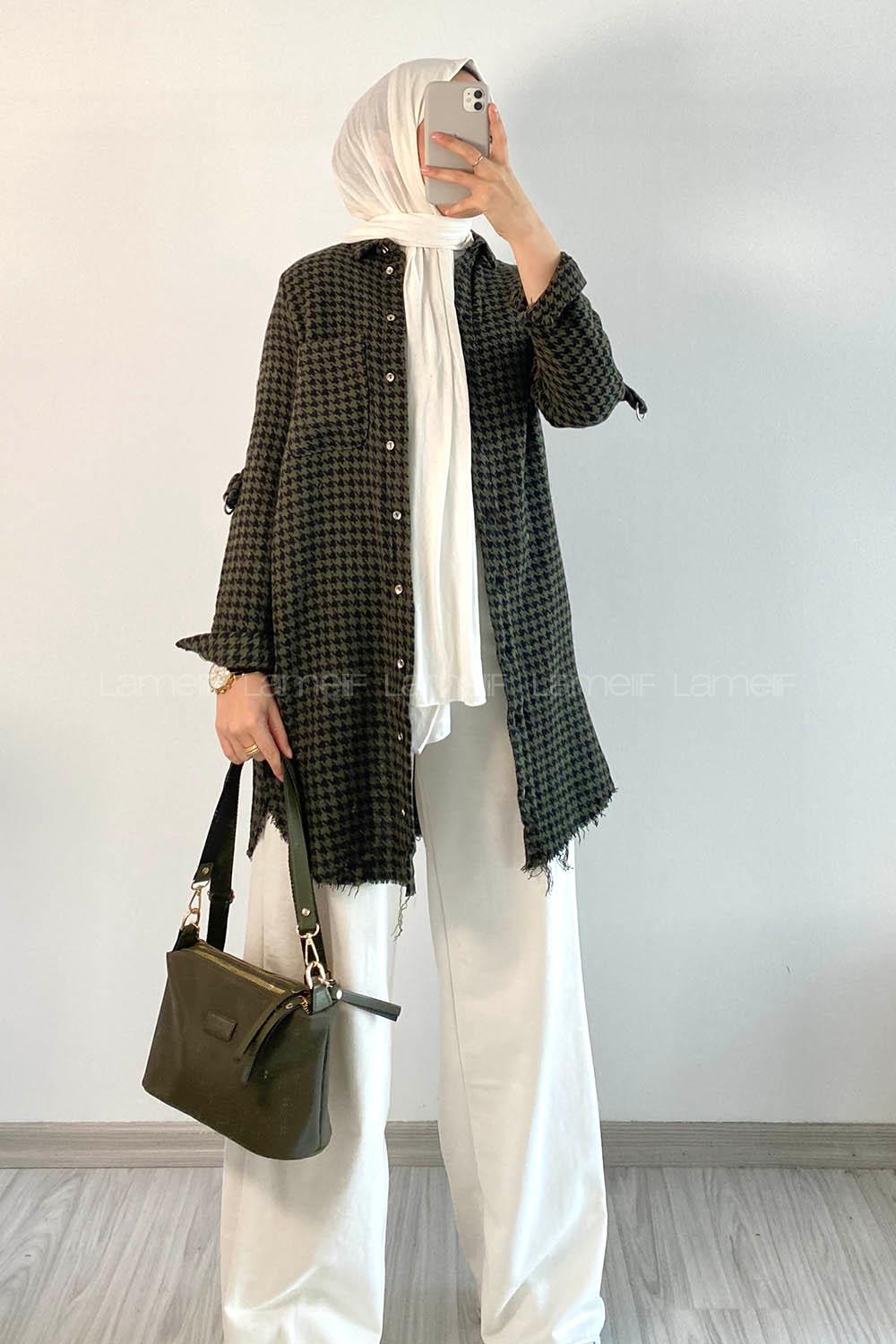 Modalamelif Kazayak Desenli Tek Cepli Uzun Püsküllü Gömlek Haki