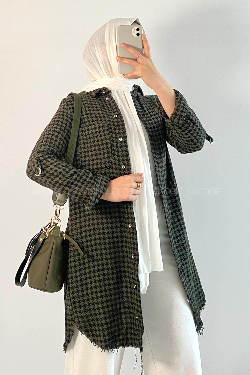 Modalamelif Kazayak Desenli Tek Cepli Uzun Püsküllü Gömlek Haki