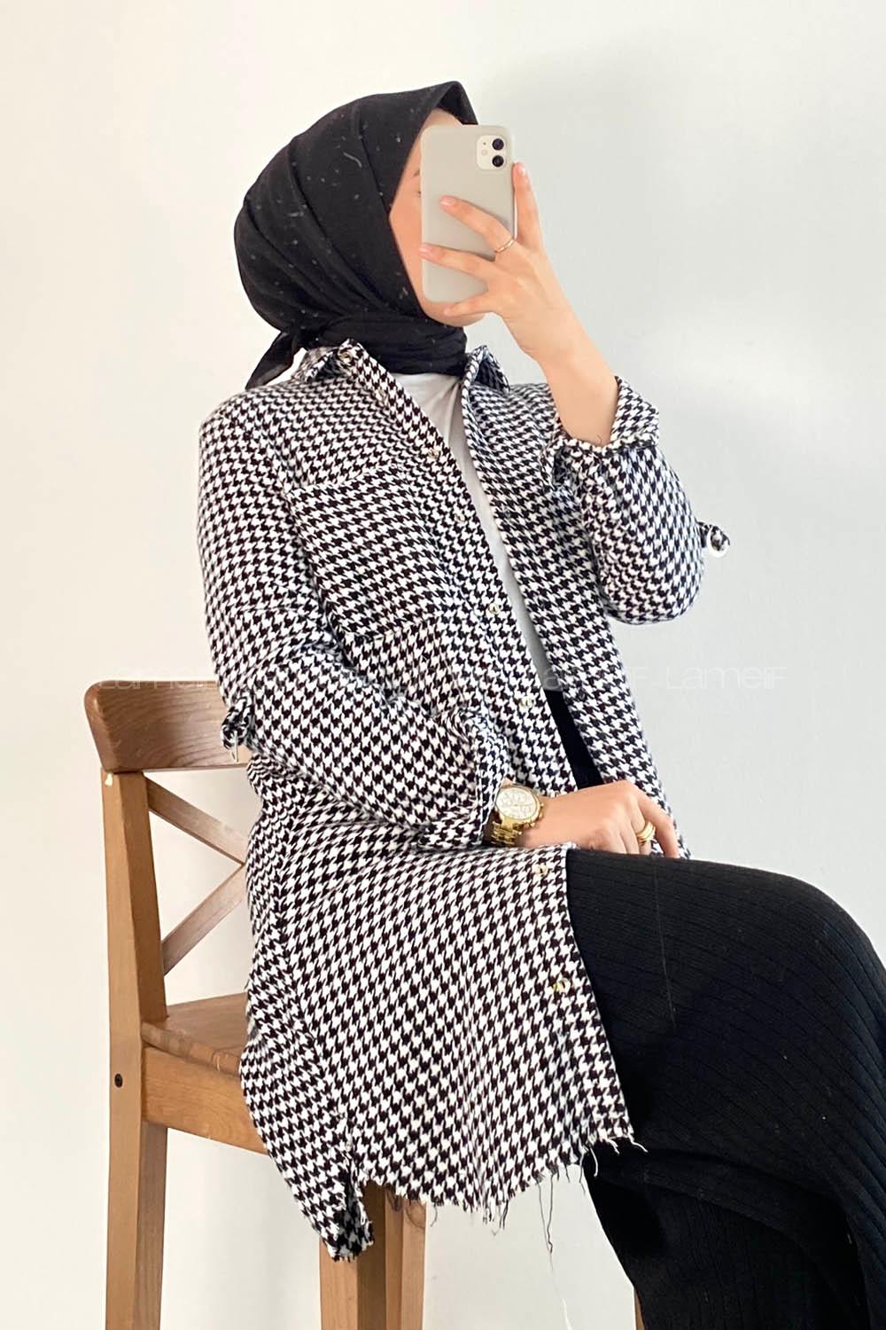 Modalamelif Kazayak Desenli Tek Cepli Uzun Püsküllü Gömlek Siyah