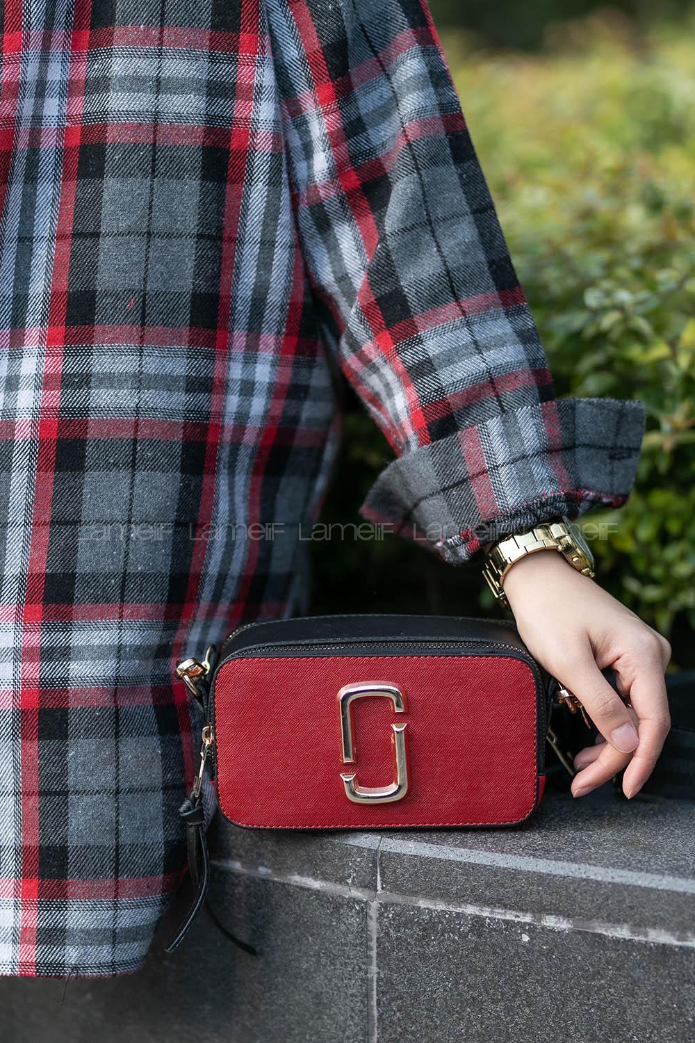 Lamelif Iki Gözlü Cepli Omuz Çapraz Çanta Kırmızı-Siyah