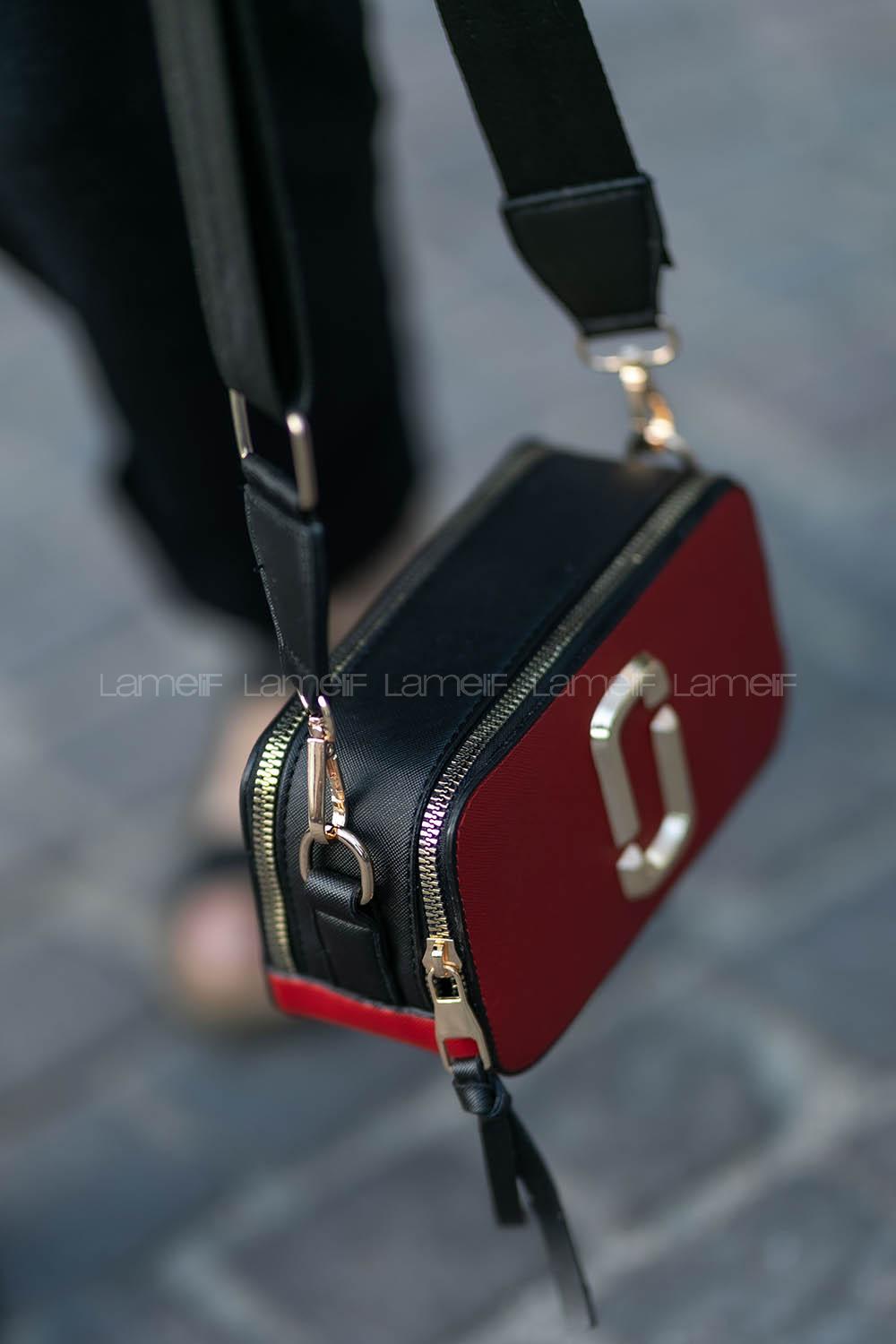 Lamelif Iki Gözlü Cepli Omuz Çapraz Çanta Kırmızı-Siyah