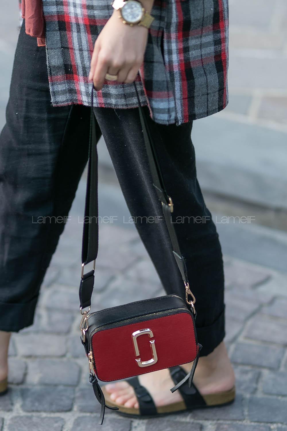 Lamelif Iki Gözlü Cepli Omuz Çapraz Çanta Kırmızı-Siyah