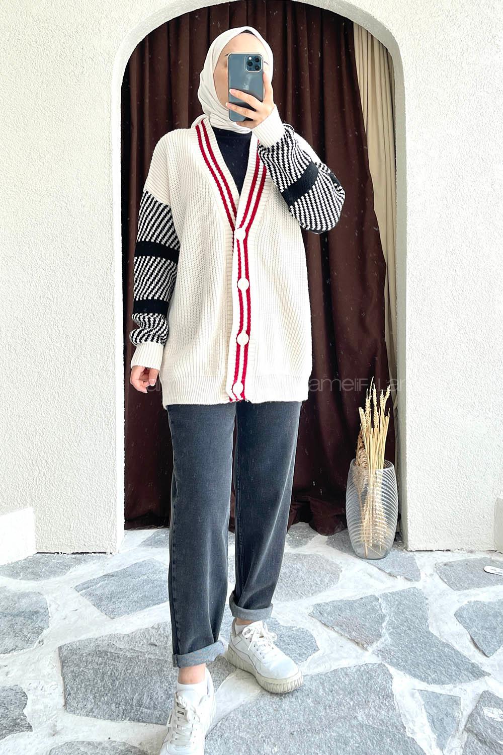 Modalamelif Ön Düğmeli Kol Garnili Hırka Ekru-Bordo