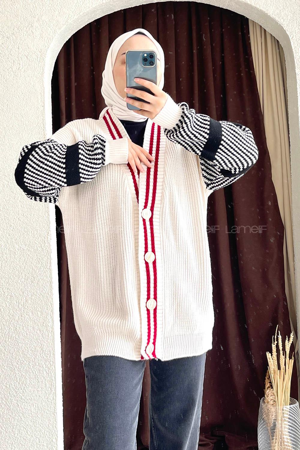 Modalamelif Ön Düğmeli Kol Garnili Hırka Ekru-Bordo