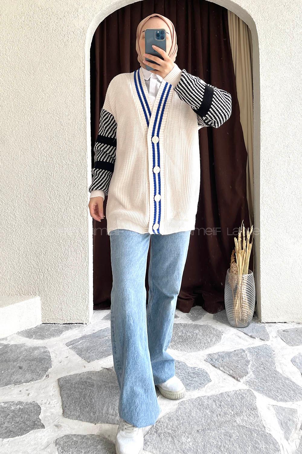 Modalamelif Ön Düğmeli Kol Garnili Hırka Ekru-Saks