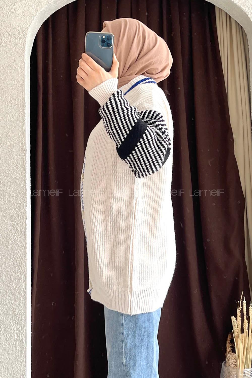 Modalamelif Ön Düğmeli Kol Garnili Hırka Ekru-Saks