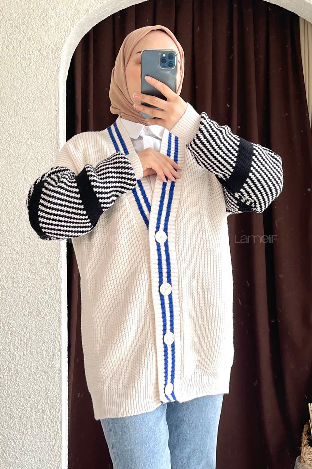 Modalamelif Ön Düğmeli Kol Garnili Hırka Ekru-Saks