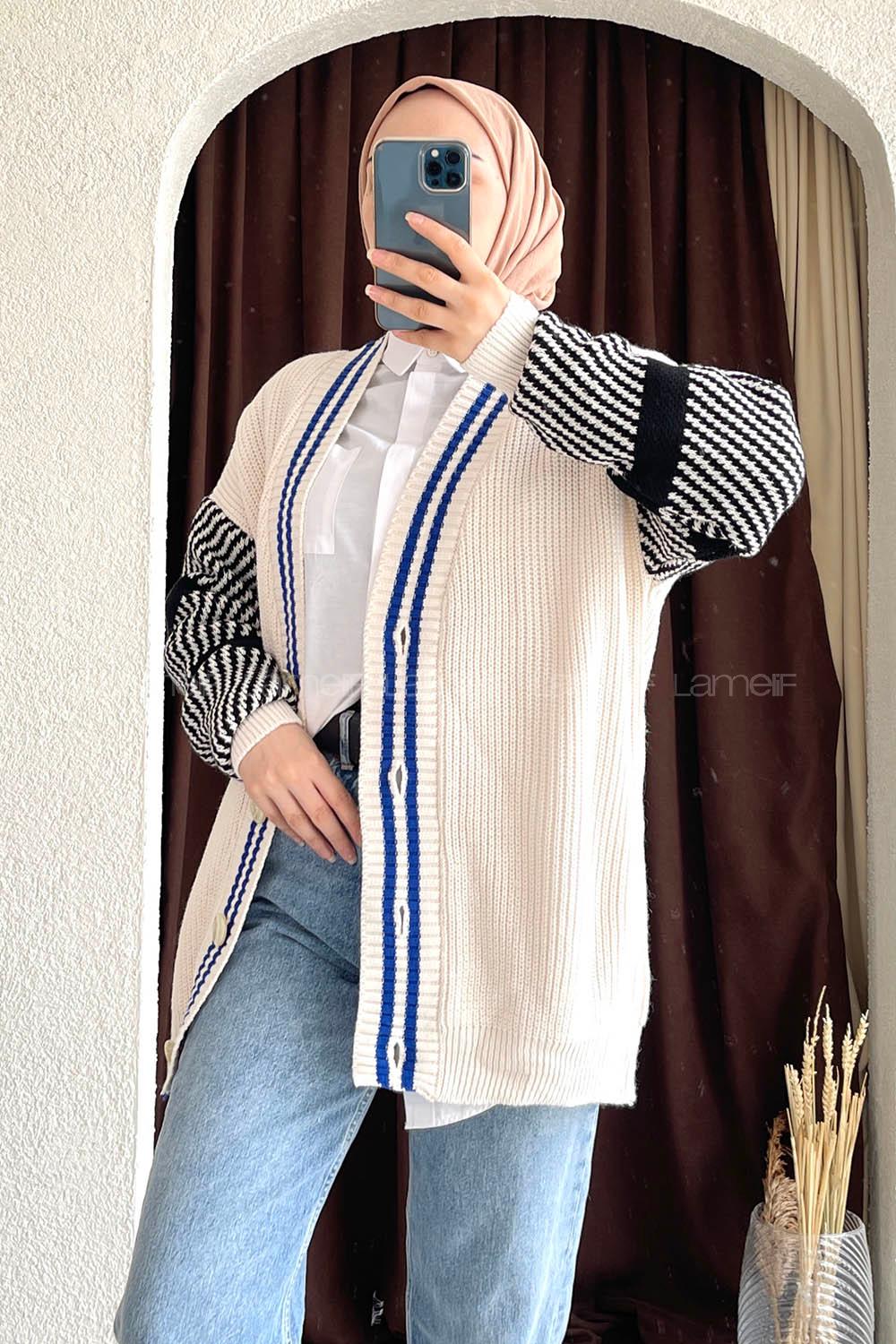 Modalamelif Ön Düğmeli Kol Garnili Hırka Ekru-Saks