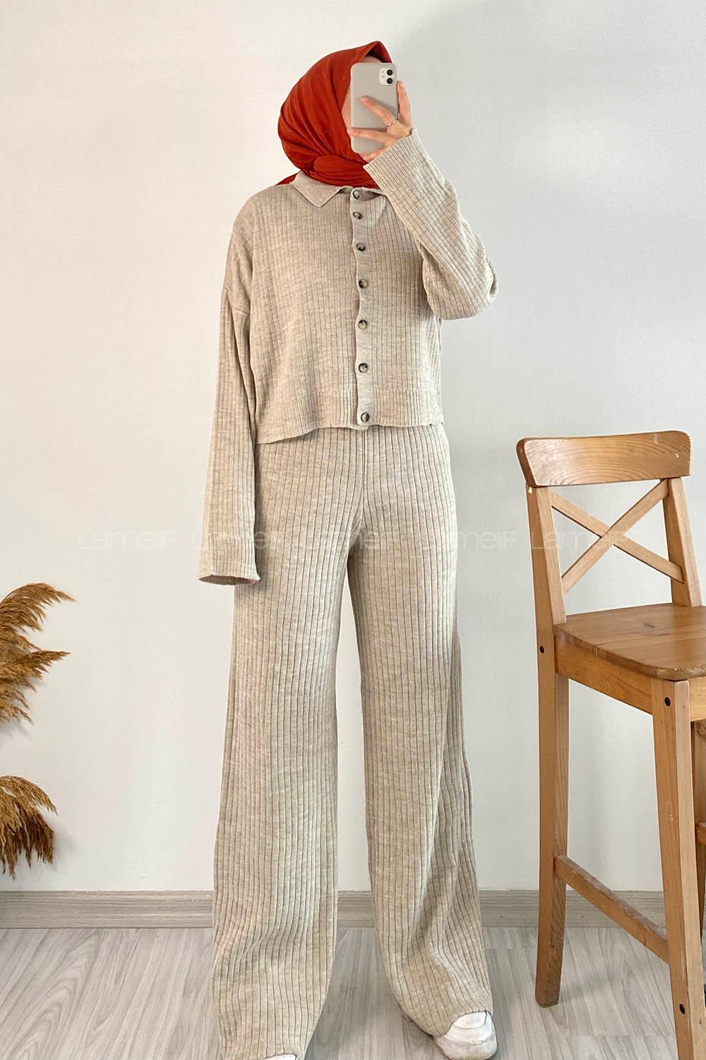 Modalamelif Önü Boydan Düğmeli Fitillli İkili Takım Taş