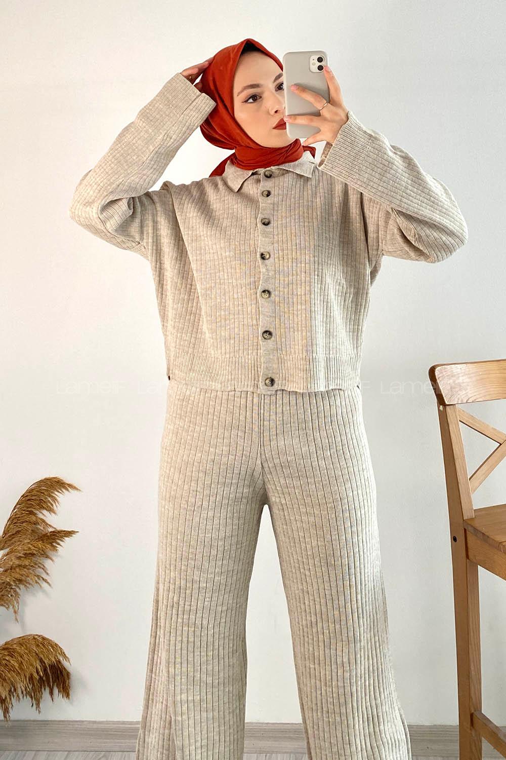 Modalamelif Önü Boydan Düğmeli Fitillli İkili Takım Taş