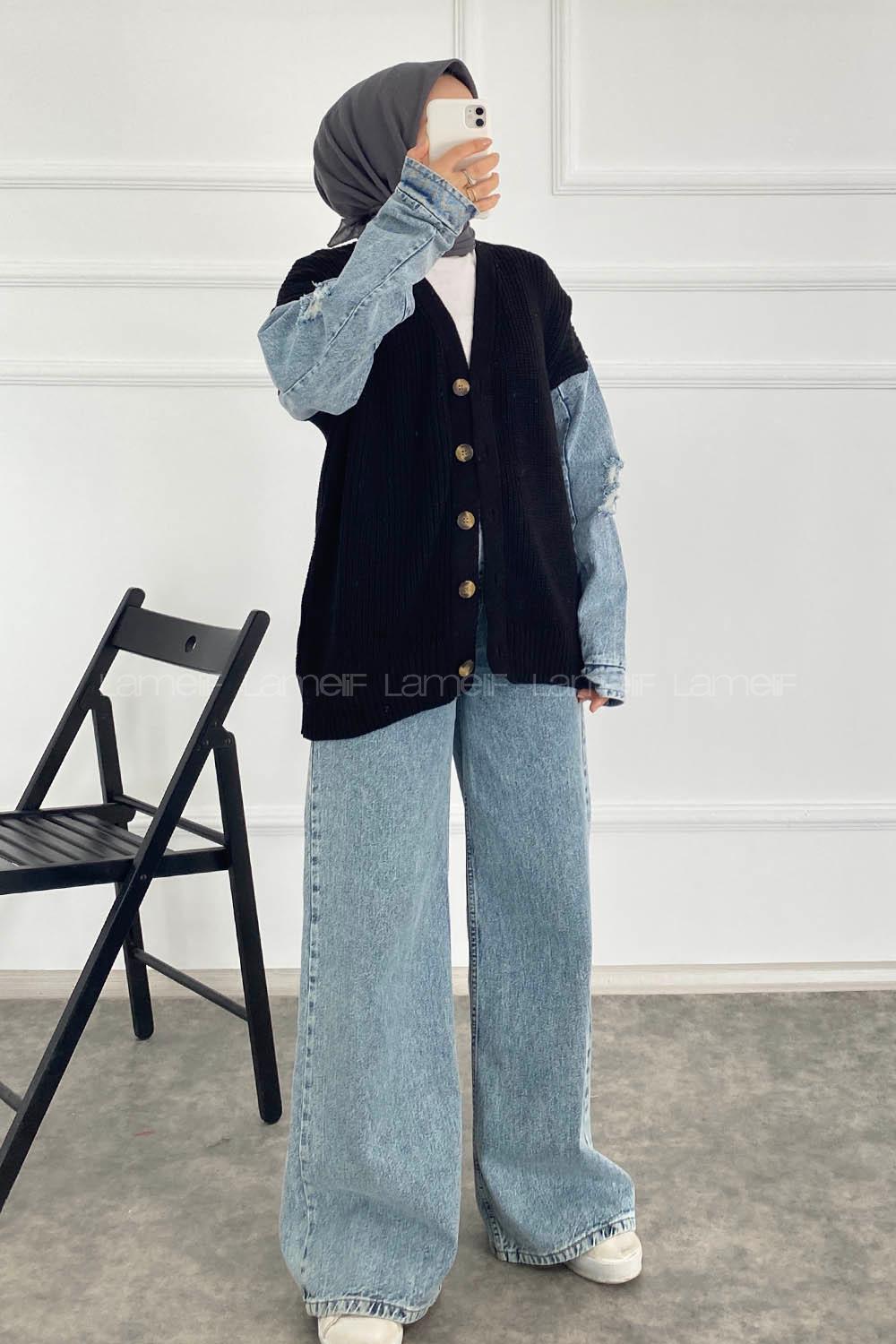 Modalamelif Önü Boydan Düğmeli Kol Kot Garnili Triko Hırka Siyah