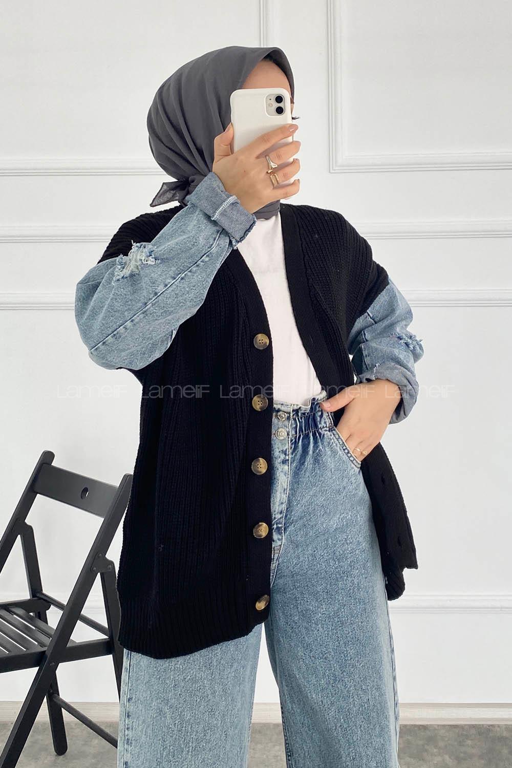 Modalamelif Önü Boydan Düğmeli Kol Kot Garnili Triko Hırka Siyah