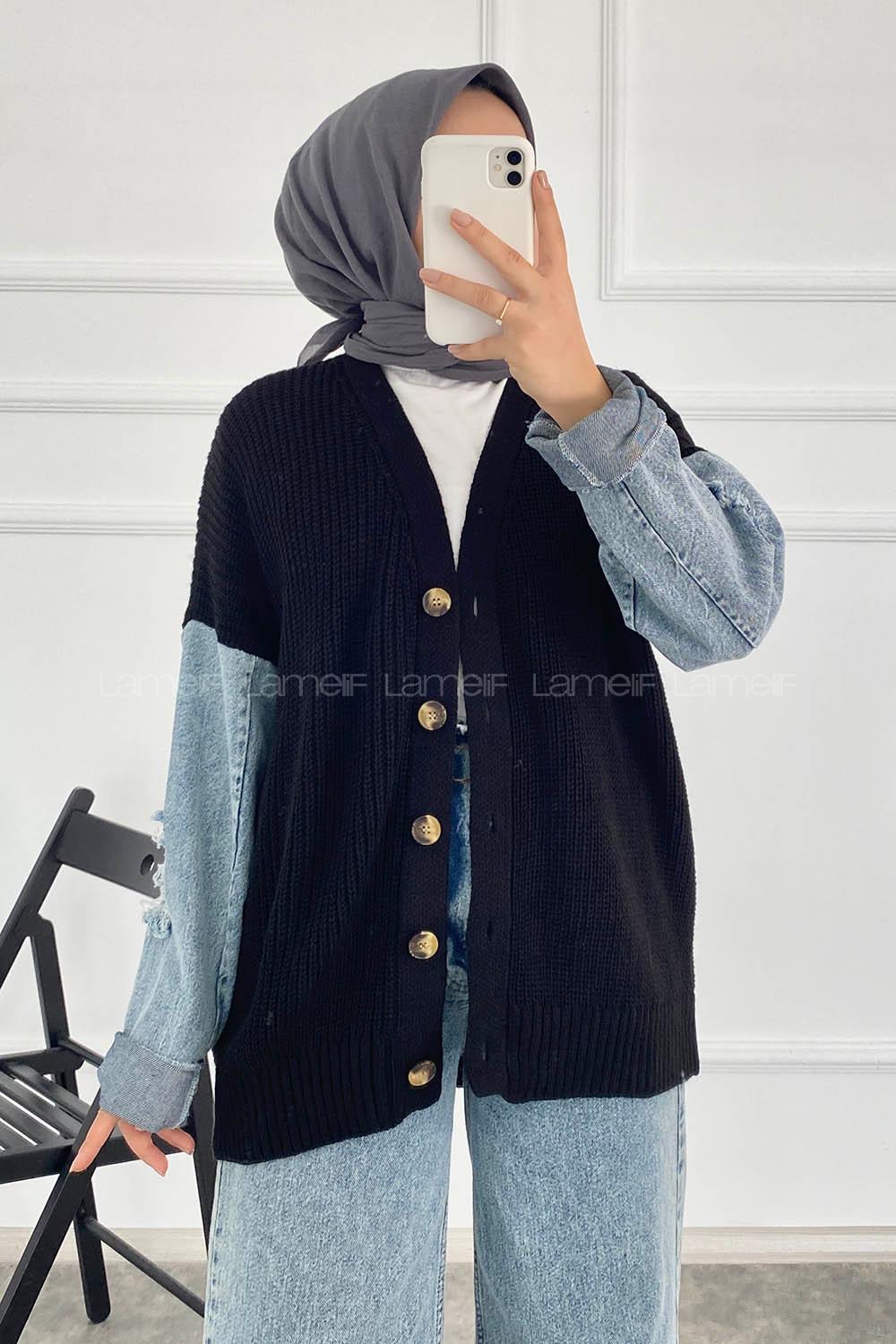 Modalamelif Önü Boydan Düğmeli Kol Kot Garnili Triko Hırka Siyah